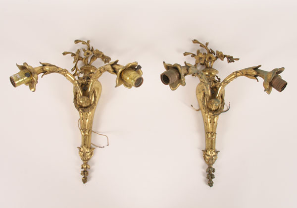 Appraisal: Pair French style gilt bronze two light sconces classical wreath