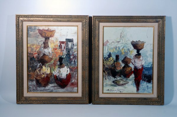 Appraisal: Two oil on canvas paintings of women with baskets by