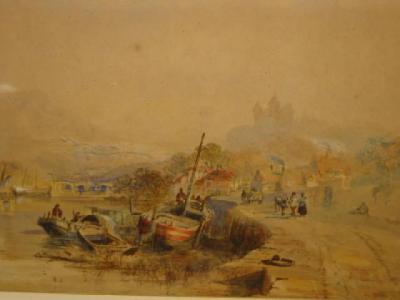 Appraisal: SAMUEL BOUGH River Scene with Boats and Figures Castle in