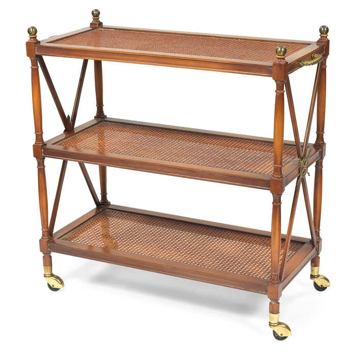 Appraisal: s tea cart maker unknown three caned shelves with protective