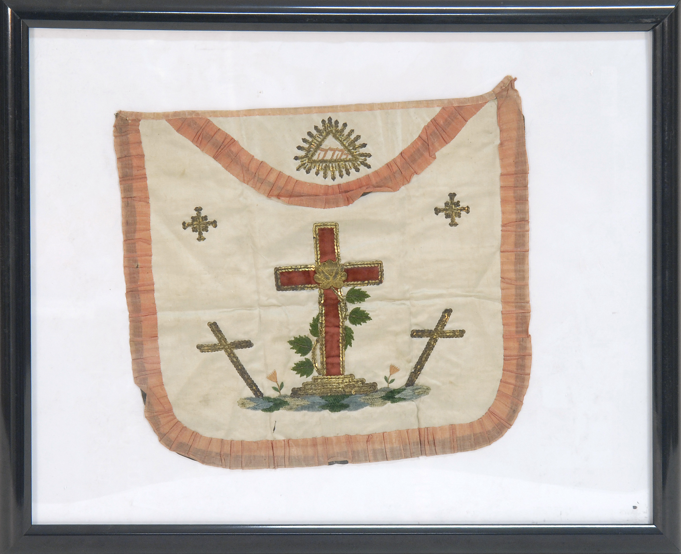 Appraisal: FRAMED ND DEGREE ROSE CROIX APRON Circa sIn white silk