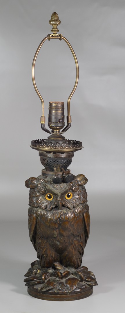 Appraisal: White metal owl figural oil lamp base electrified glass eyes