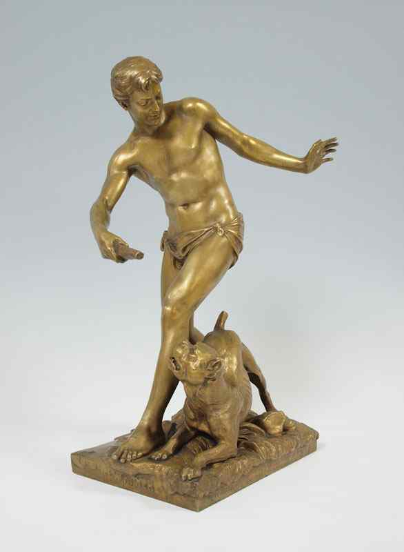 Appraisal: FONTAINE Emmanuel French - Boy with Dog Patinated Bronze h