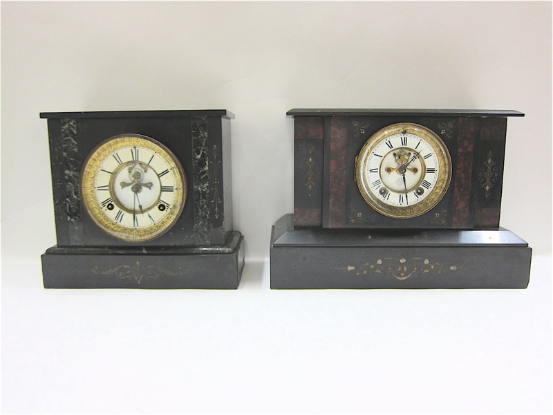 Appraisal: TWO AMERICAN BLACK MARBLE CASED MANTEL CLOCKS Ansonia Clock Co