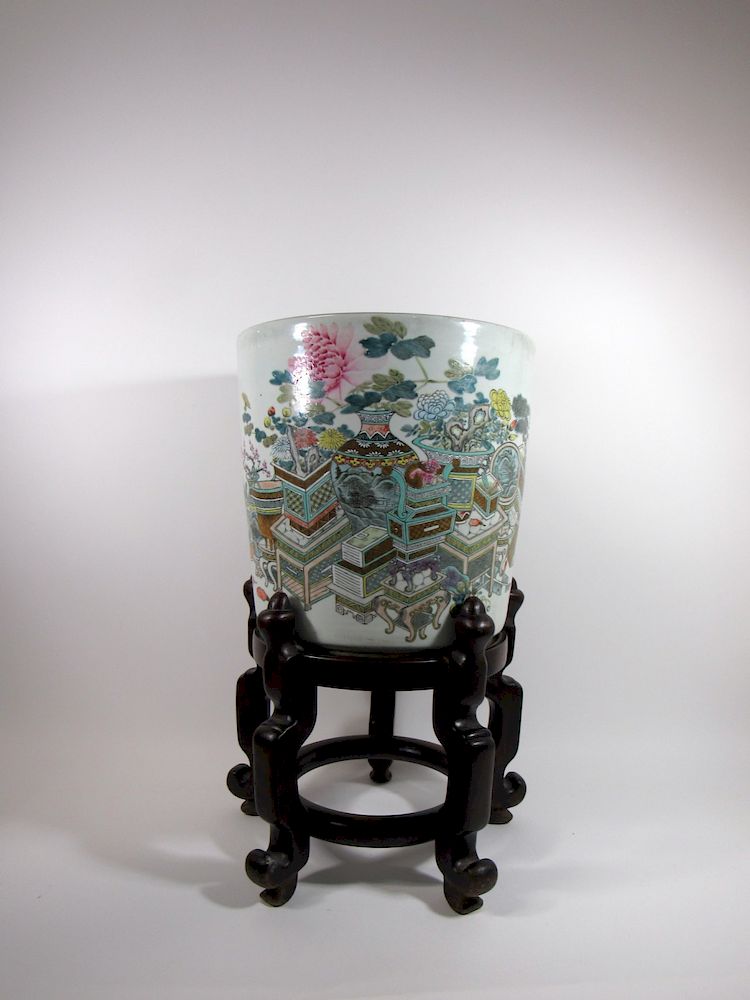 Appraisal: Large th Century Porcelain Jardiniere with Stand Chinese enamel on