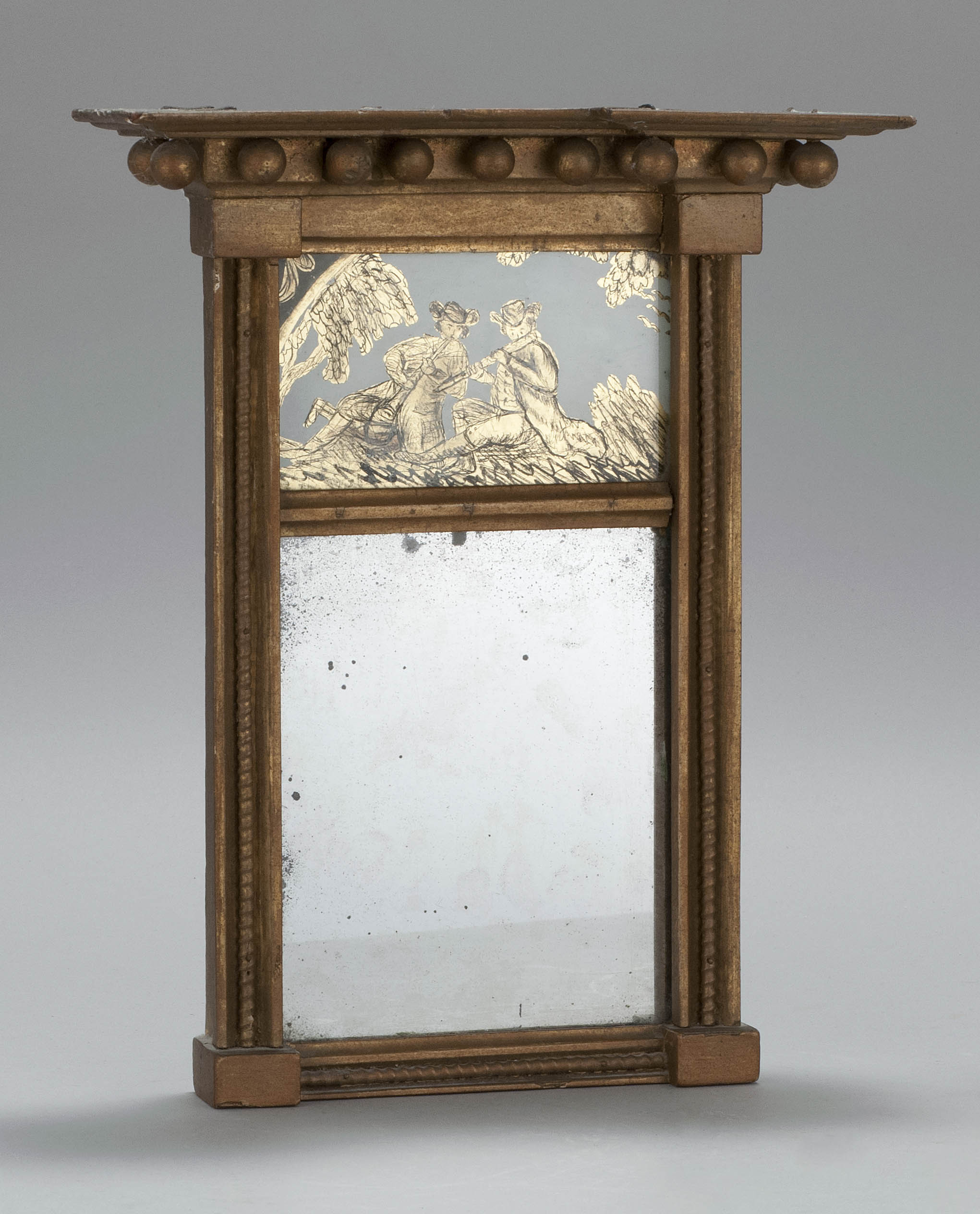 Appraisal: ANTIQUE AMERICAN DIMINUTIVE FEDERAL MIRROR Circa Reverse-painted upper glass tablet