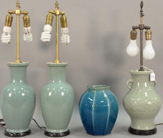 Appraisal: Four porcelain glazed vases three made into table lamps ht