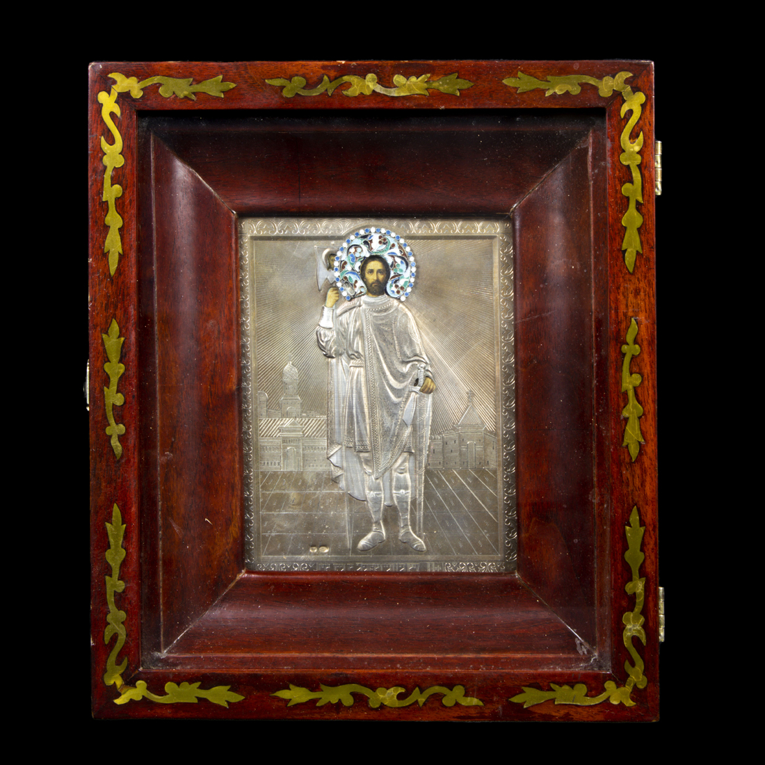 Appraisal: RUSSIAN CLOISONNE ENAMEL SILVER GILT OKLAD ICON OF ALEXANDER NEVSKY