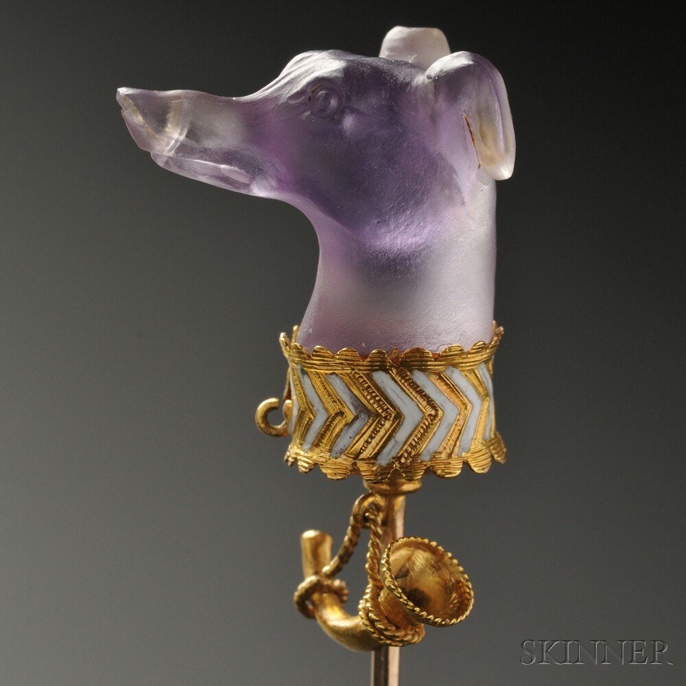 Appraisal: Pate de Verre Stickpin depicting a hound with gold and