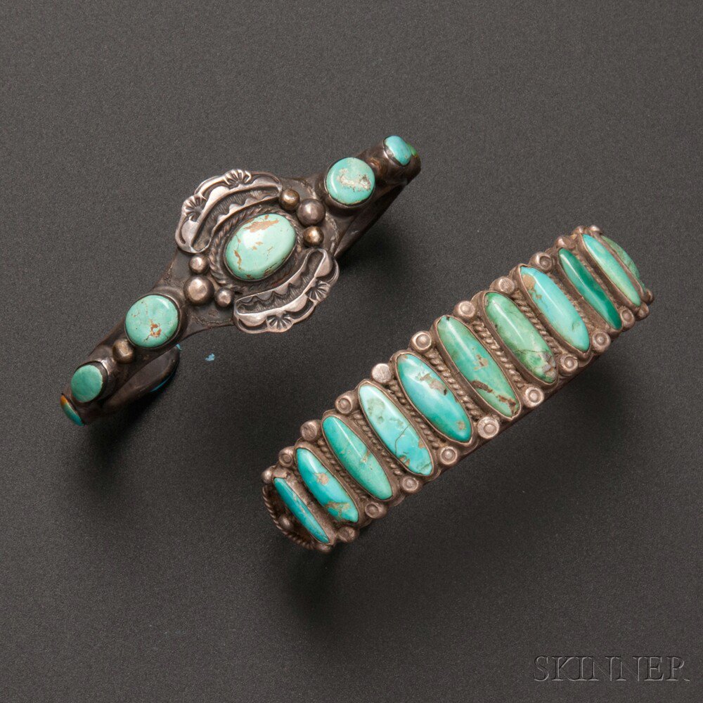 Appraisal: Two Navajo Silver and Turquoise Bracelets both with multiple stone