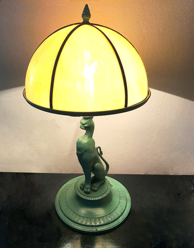 Appraisal: VINTAGE ART DECO ERA SLAG GLASS CAT LAMP Cast metal