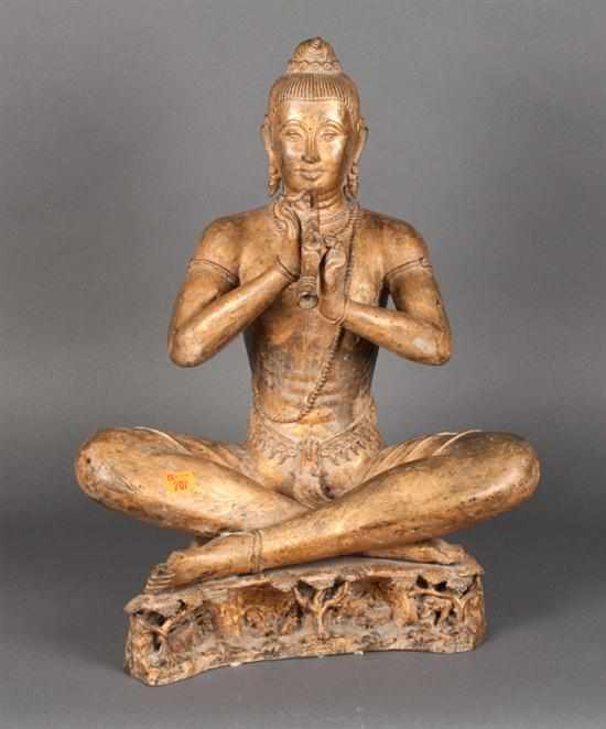 Appraisal: Indian gilt-bronze seated Bodhisattva figure seated in traditional pose playing