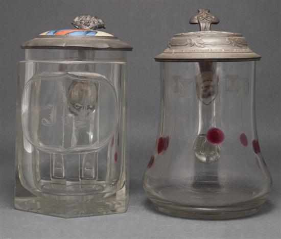 Appraisal: Two German pewter-mounted molded glass steins late th century clear