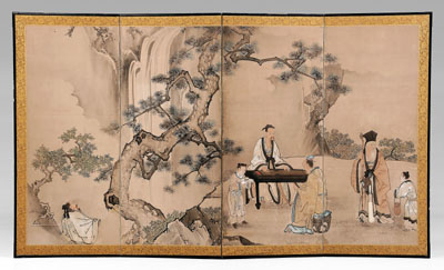 Appraisal: Japanese four-panel screen black-lacquered frame with copper mounts ink and