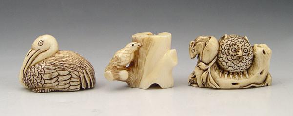 Appraisal: PIECE FIGURAL ANIMALS CARVED IVORY NETSUKES To include Owl on