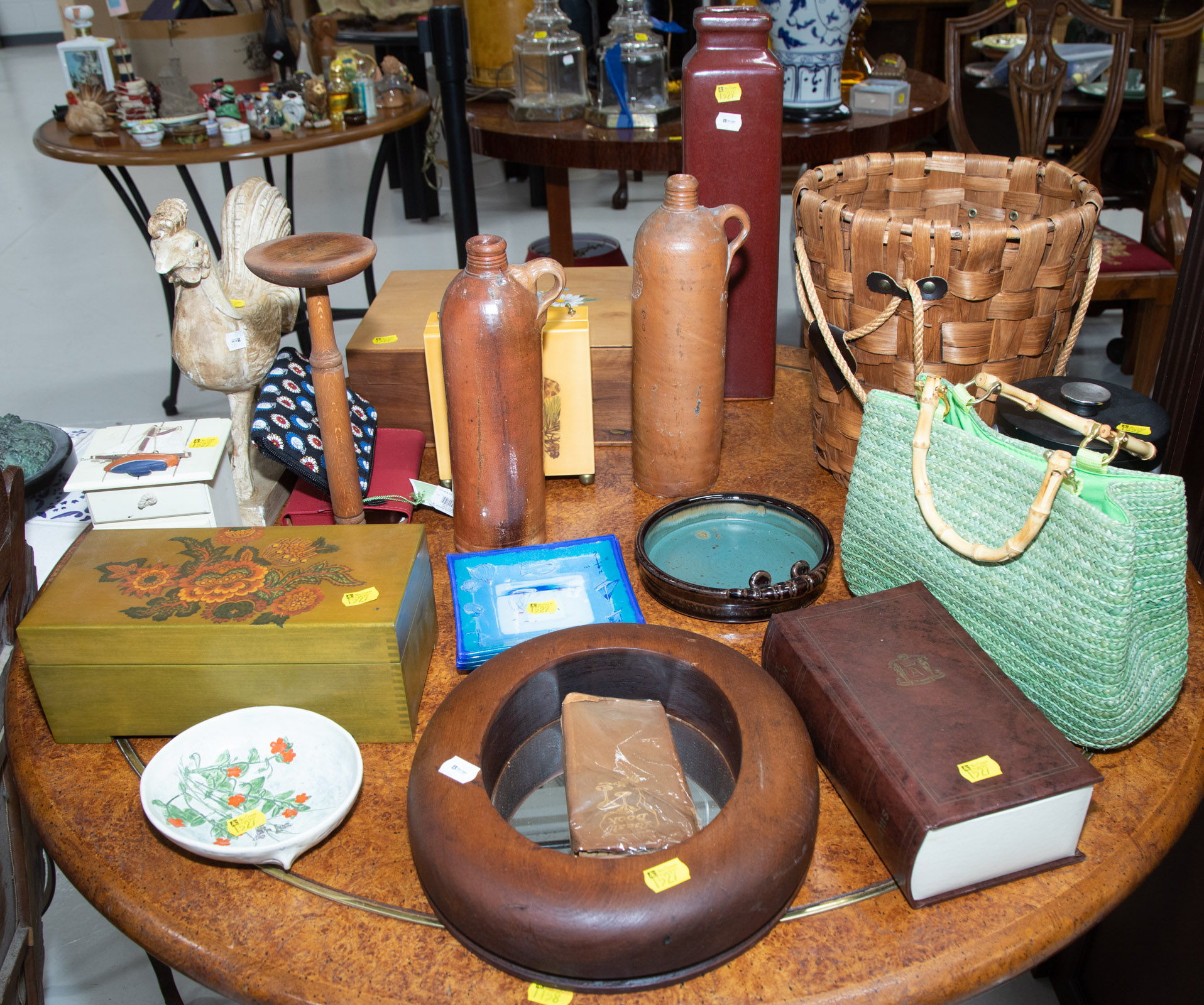 Appraisal: LARGE GROUP OF DECORATIVE ITEMS Includes stoneware bottles sewing box