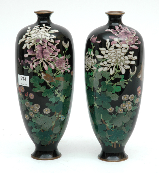 Appraisal: A PAIR OF JAPANESE CLOISONNE VASES Meiji Period Of slender