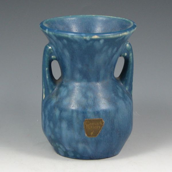 Appraisal: Camark mottled blue handled vase with original label Marked CAMARK