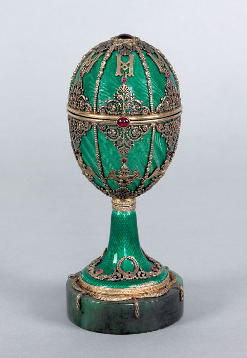 Appraisal: Russian silver gilt guilloche enameled and cabochon inlaid egg bearing