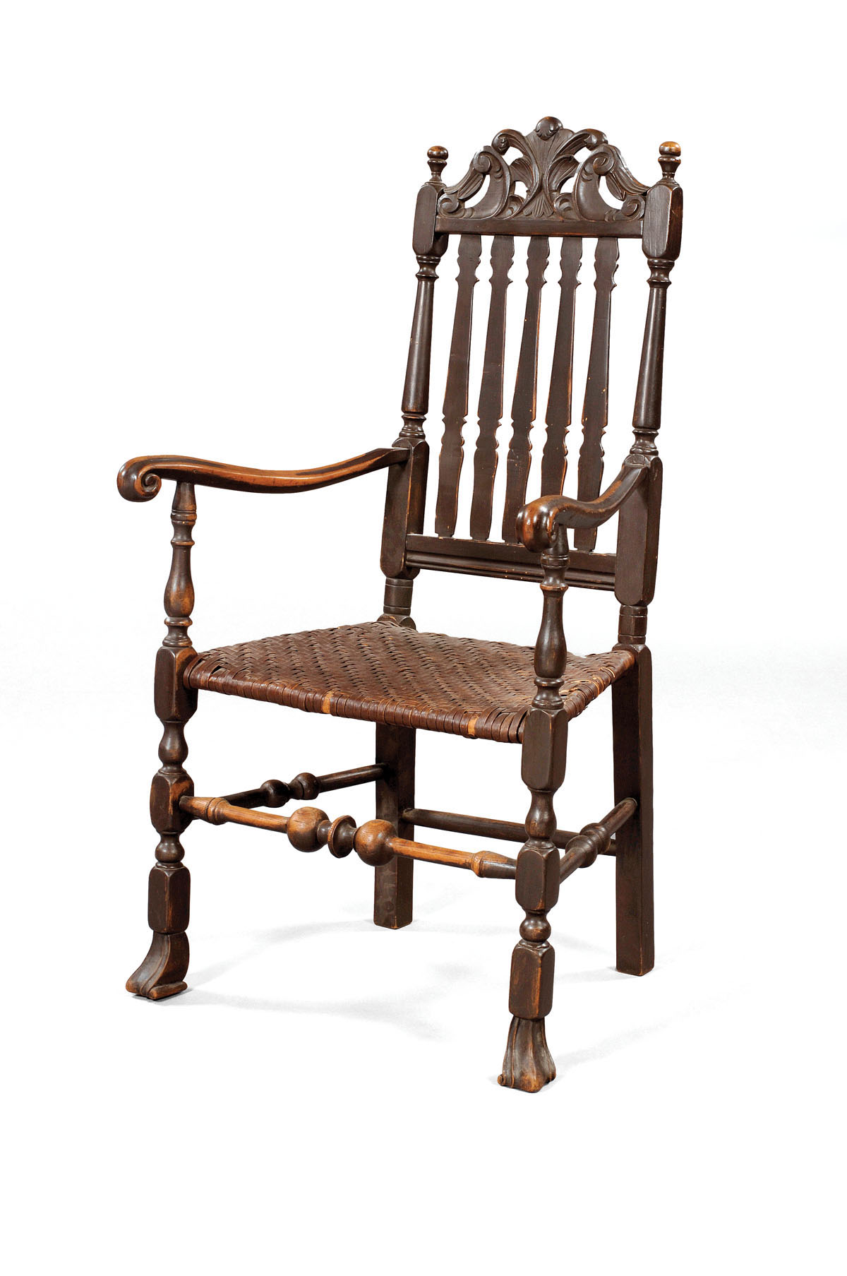 Appraisal: NEW ENGLAND PILGRIM CENTURY BANISTER-BACK ARMCHAIR WITH CARVED CREST AND