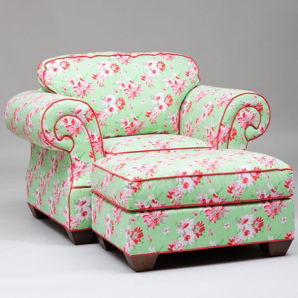 Appraisal: Floral Linen Upholstered Club Chair and Ottoman x x in