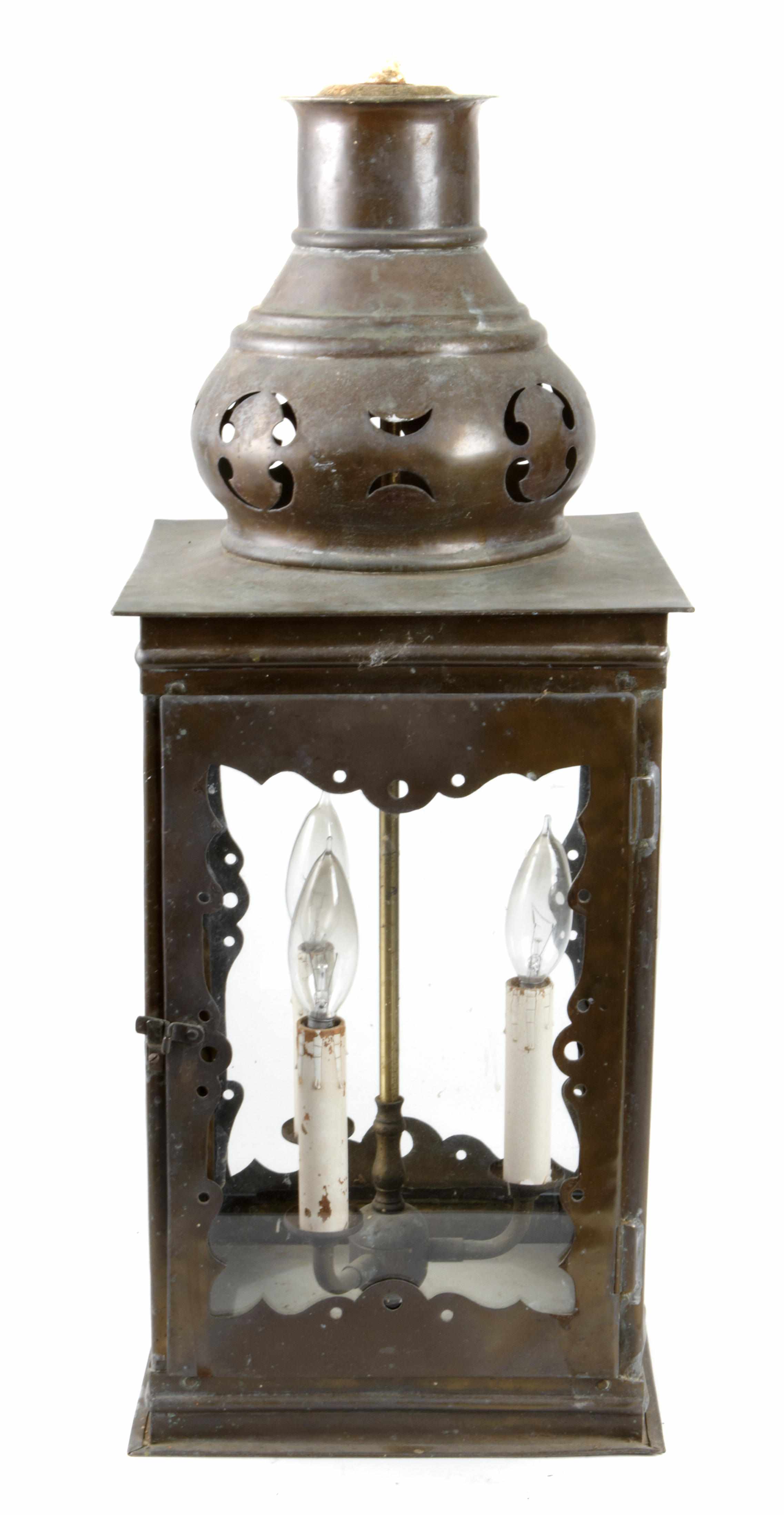 Appraisal: A patinated metal and glass hanging lantern together with two