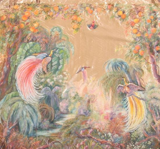 Appraisal: AMERICAN DECORATIVE PAINTED SILK WALL-HANGING Circa Depicting birds-of-paradise in a