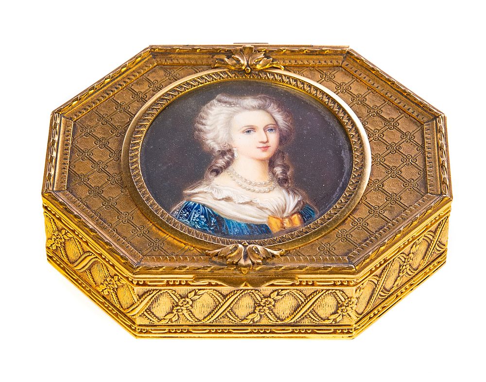 Appraisal: Gilt Bronze Dresser box w Artist Signed Ivory Painting French