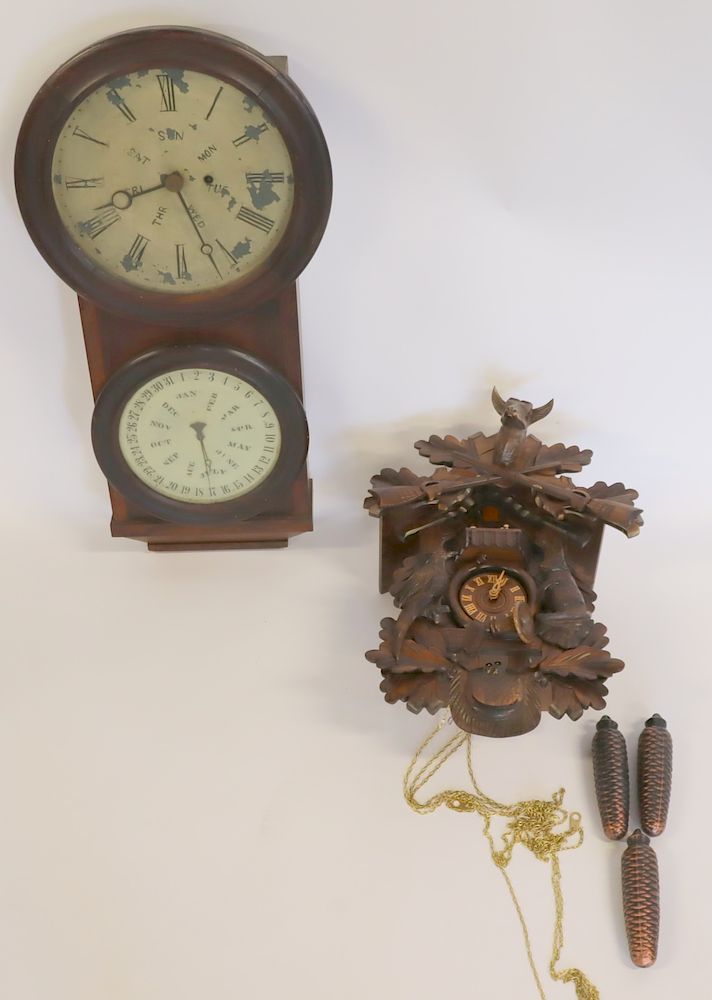 Appraisal: Antique Perpetual Calendar Regulator Clock Together With A Cuckoo Clock