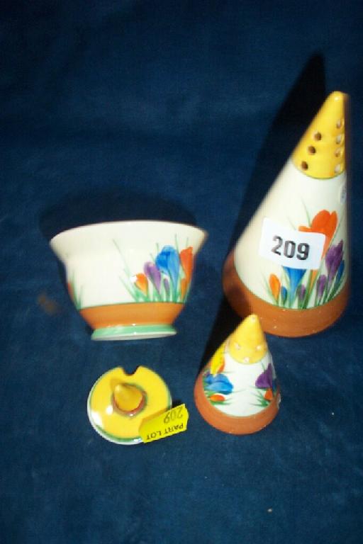 Appraisal: A Clarice Cliff Bizarre Crocus pattern conical shaped sugar caster