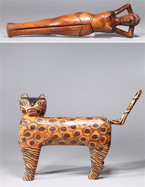 Appraisal: Two carved wood objects including possibly Korean cat with allover