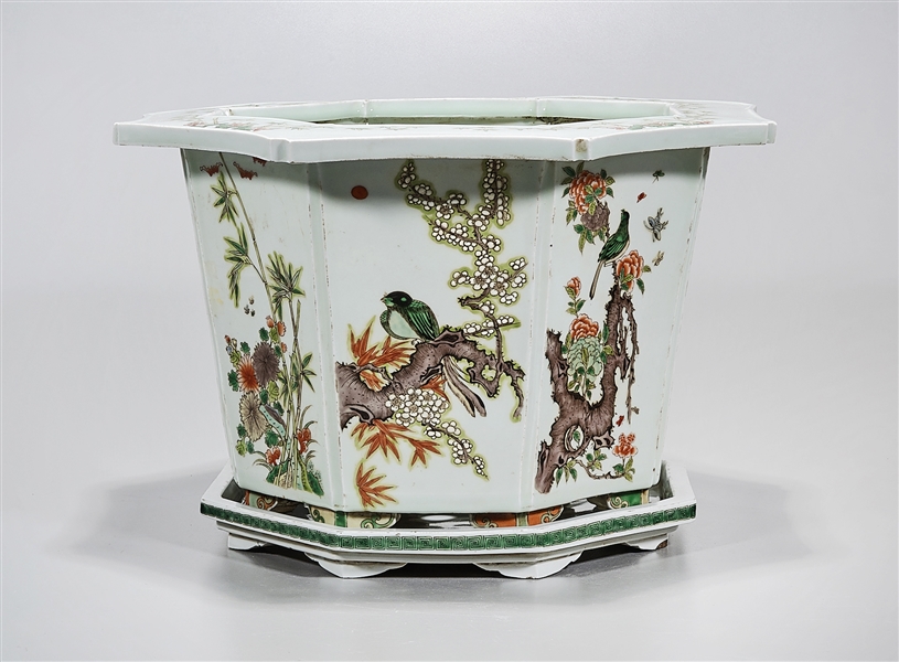 Appraisal: Chinese enameled porcelain octagonal jardiniere depicting birds flowers and butterflies