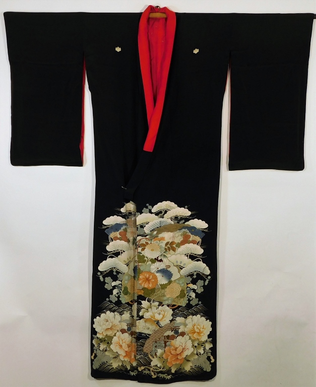 Appraisal: JAPANESE PAINTED PEONIES TOMESODE KIMONO Japan - th CenturyFive crested