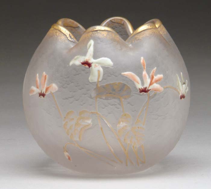 Appraisal: MONT JOYE ROSE BOWL Pretty cyclamen flowers thickly enameled with