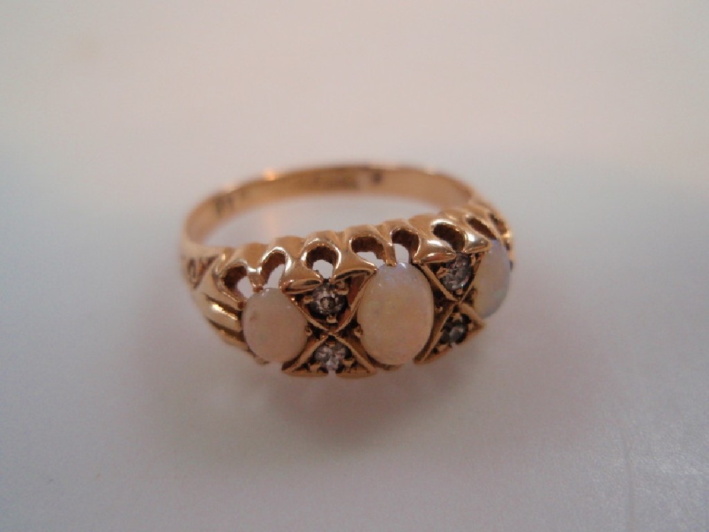 Appraisal: An antique ct gold marquise ring set with three oval