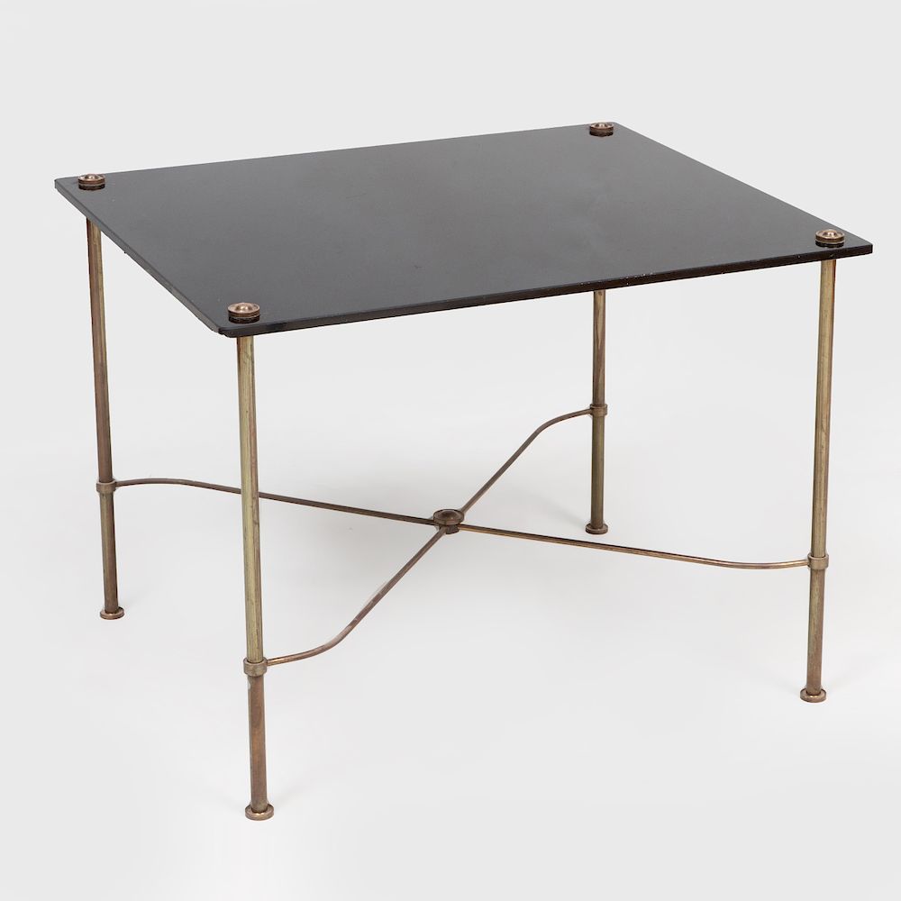 Appraisal: Maison Jansen Style Brass-Mounted Black Glass Side Table x x