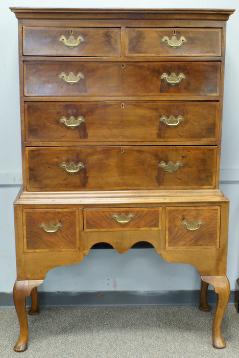 Appraisal: Mahogany part Queen Anne highboy banded drawer fronts replaced brasses