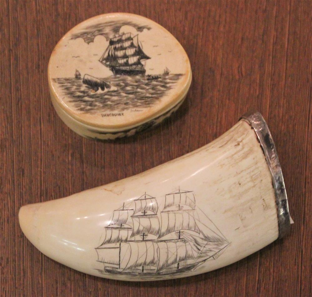 Appraisal: SCRIMSHAW TOOTH AND SMALL BOX the whale's tooth with sterling