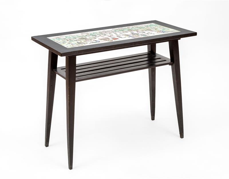 Appraisal: AIDA WHEDON TABLE Ebonized wood and hand-painted tiles signed x