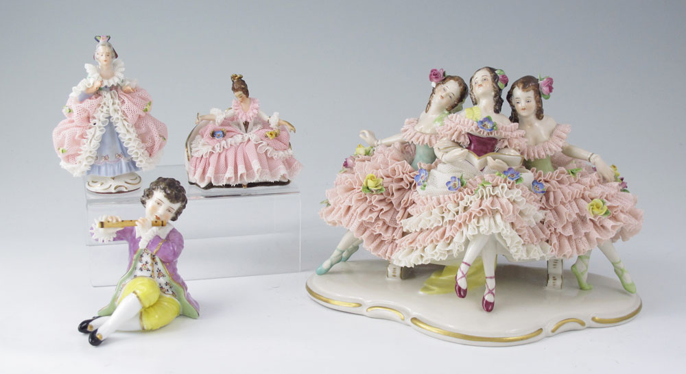 Appraisal: GERMAN PORCELAIN LACY FIGURINES Volkstedt figural group of ladies sharing