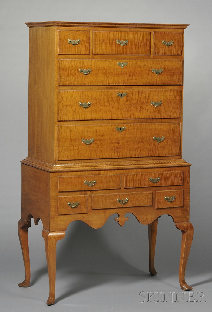 Appraisal: Queen Anne Tiger Maple High Chest of Drawers Rhode Island