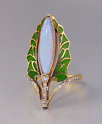 Appraisal: K FRENCH ART NOUVEAU OPAL PLIQUE-A-JOUR RING Ca - One