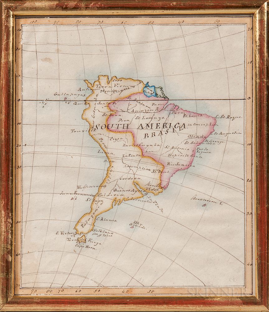 Appraisal: Hand-drawn and Watercolored Map of South America Hand-drawn and Watercolored