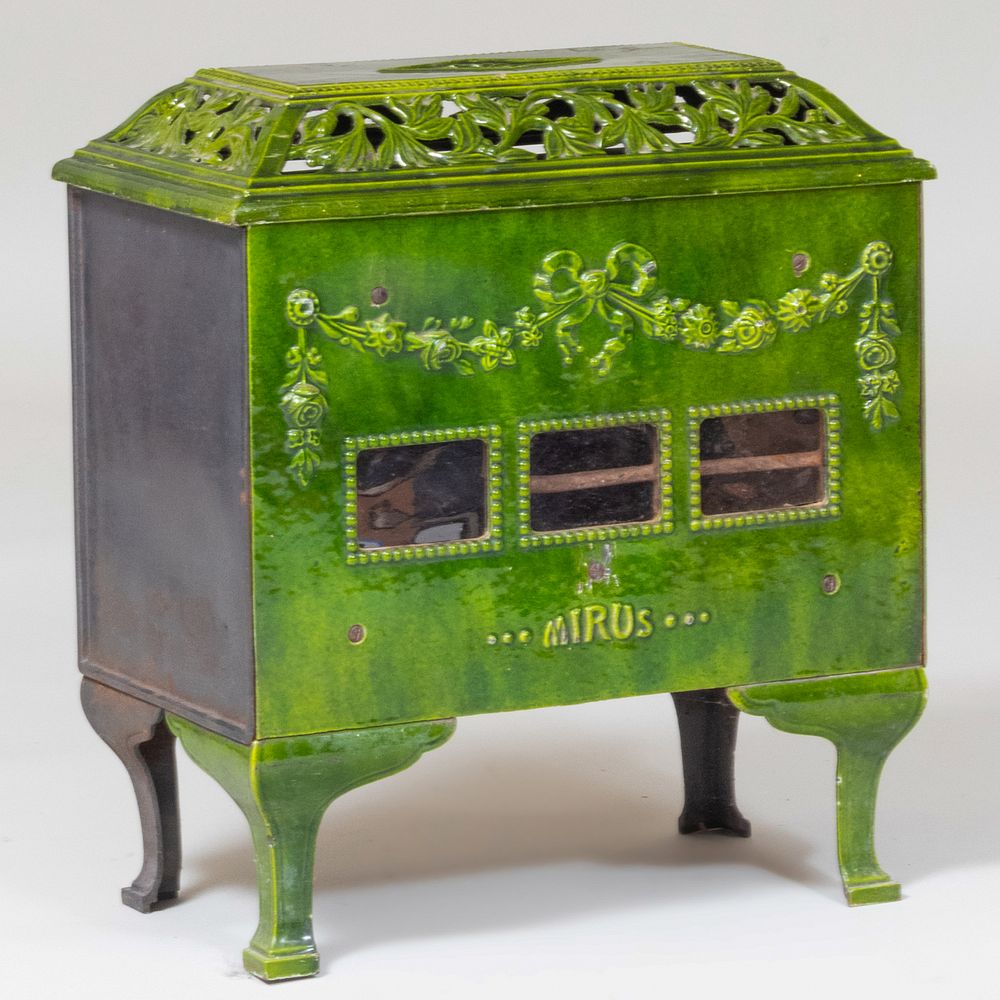 Appraisal: French Mirus Green Glazed Enameled Metal Stove x x in