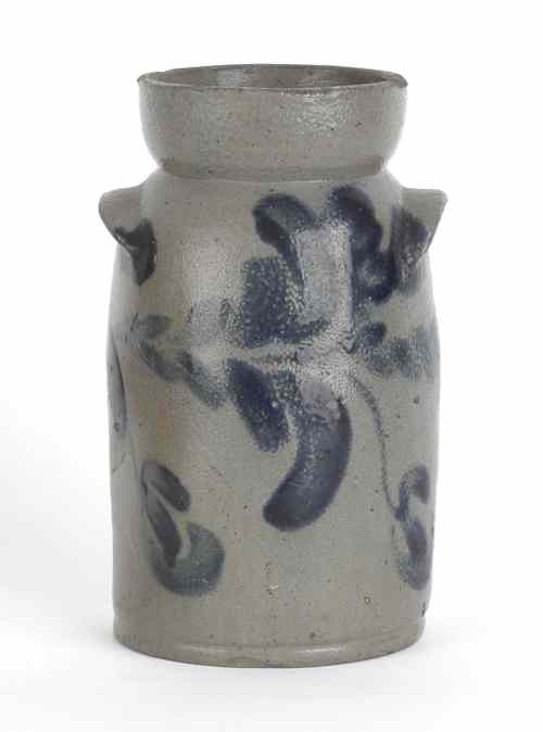 Appraisal: Small stoneware butter churn mid th c with blue floral