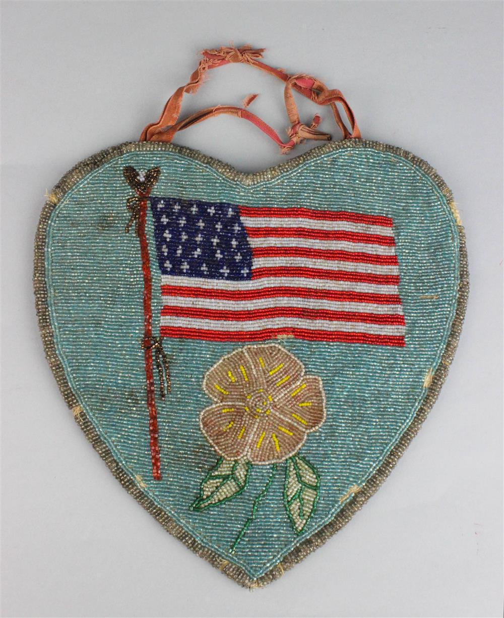 Appraisal: PLATEAU HEART-SHAPED PICTORIAL BEADED BAG NEZ PERCE flag and flower