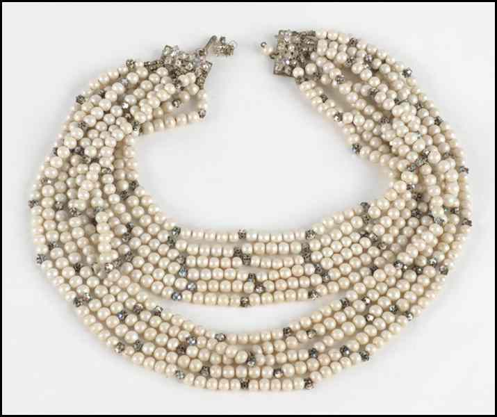 Appraisal: MIRIAM HASKELL ELEVEN-STRAND FAUX PEARL AND RHINESTONE NECKLACE Shortest length