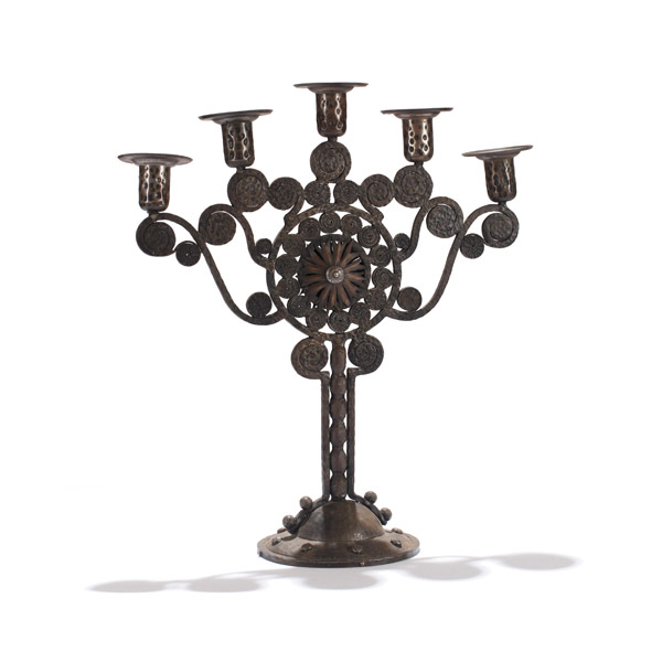 Appraisal: Arts and Crafts hammered and wrought iron scrollwork light candelabra