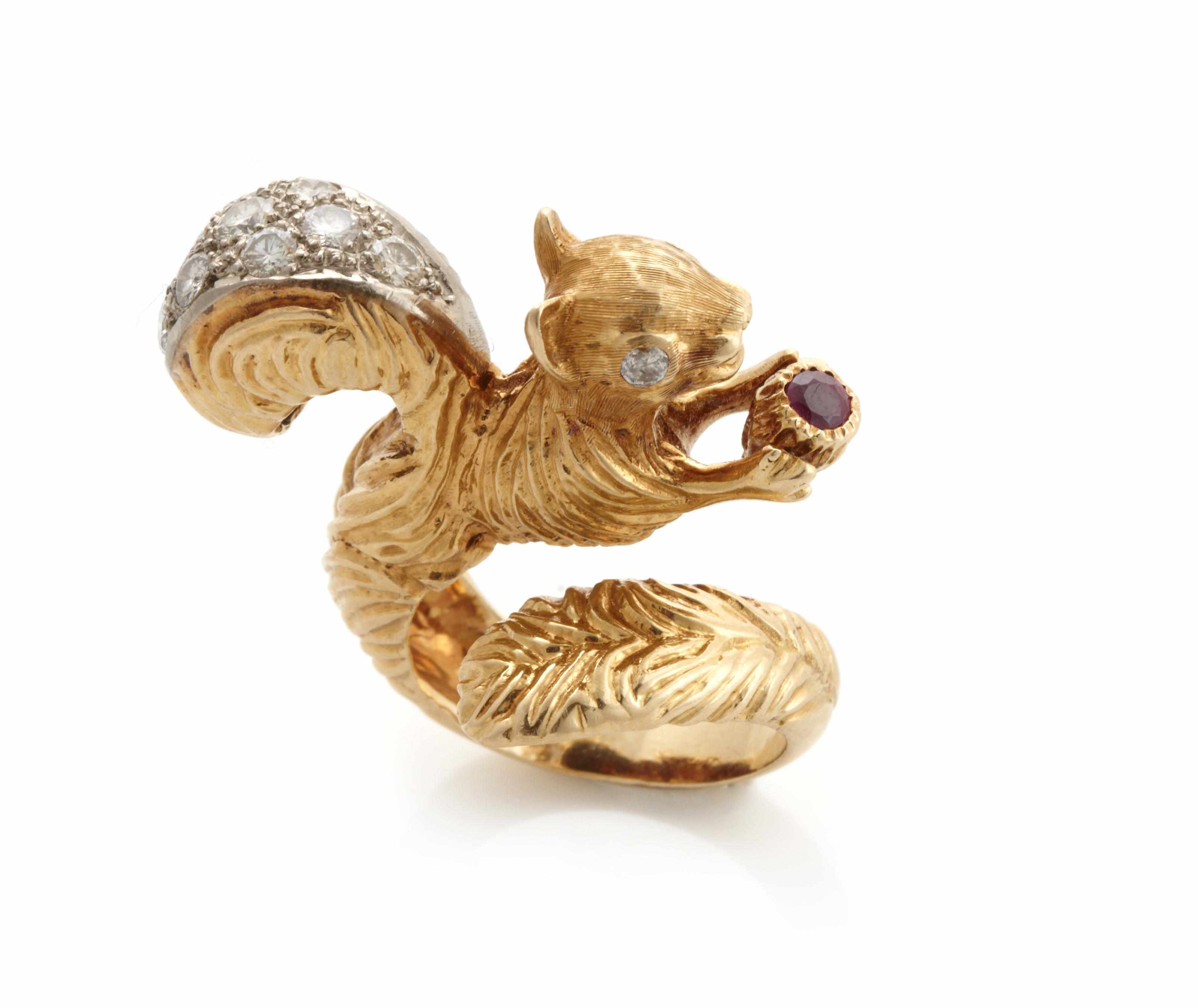 Appraisal: A diamond ruby and k gold squirrel ring size