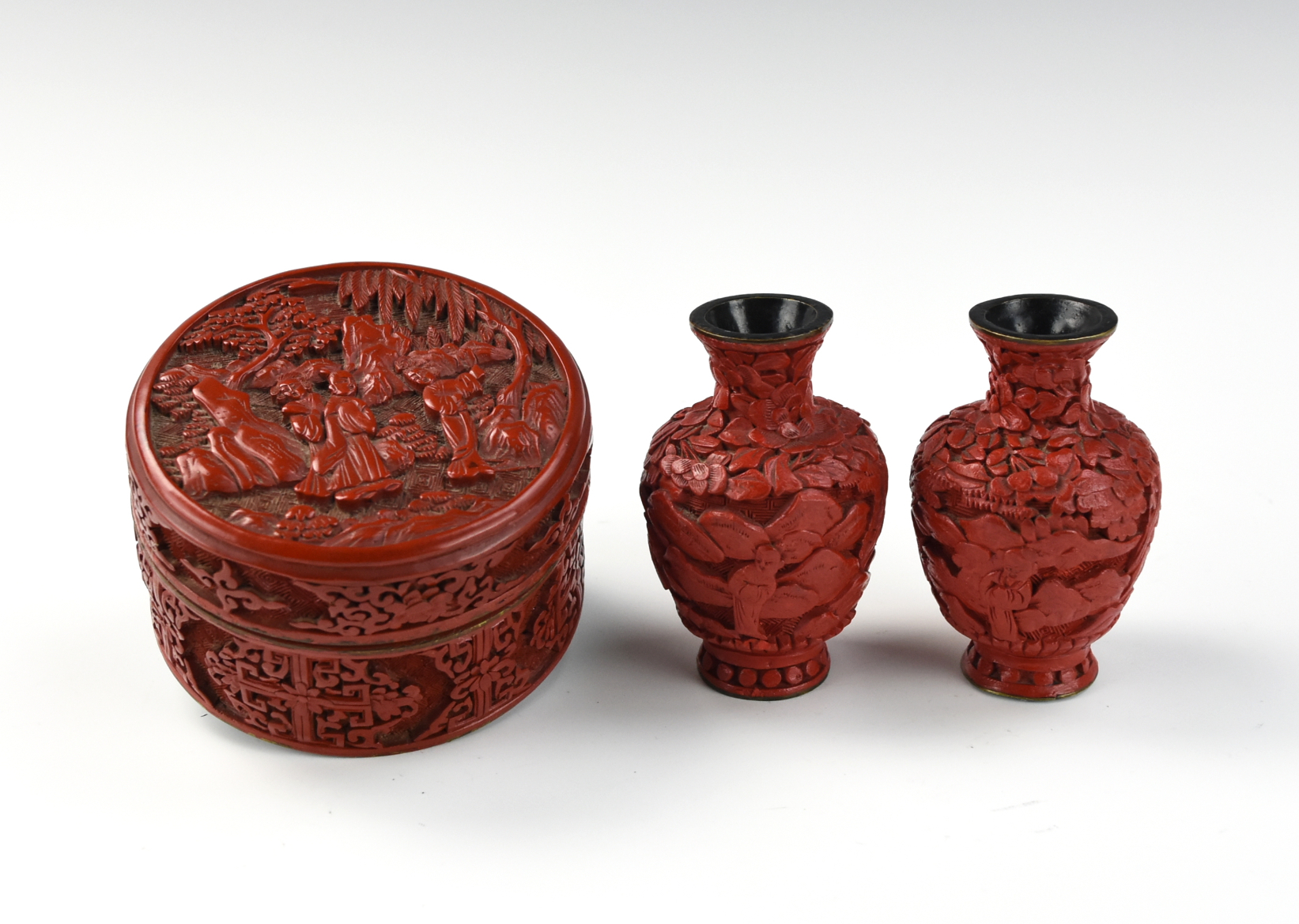 Appraisal: TWO CHINESE LACQUER WARE VASES AND ONE BOX TH C